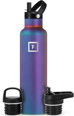 IRON °FLASK Camping & Hiking Hydration Canteens - 3 Lids (Narrow Straw Lid) Leak Proof Vacuum Insulated Stainless Steel - Hot & Cold Double Walled Sports Water Bottle - Aurora, 24 Oz