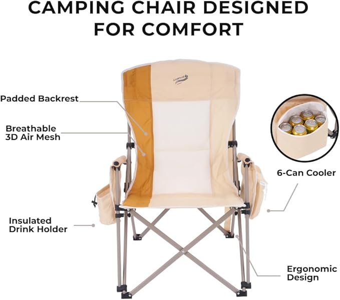 Heavy Duty Portable Folding Camping Chair for Adults with Padded | for Outdoor & Sports, Backpacking, Beach, Lawn, Hunting, Tailgating, Fishing | Supports 400 Lbs (Single, Beige)