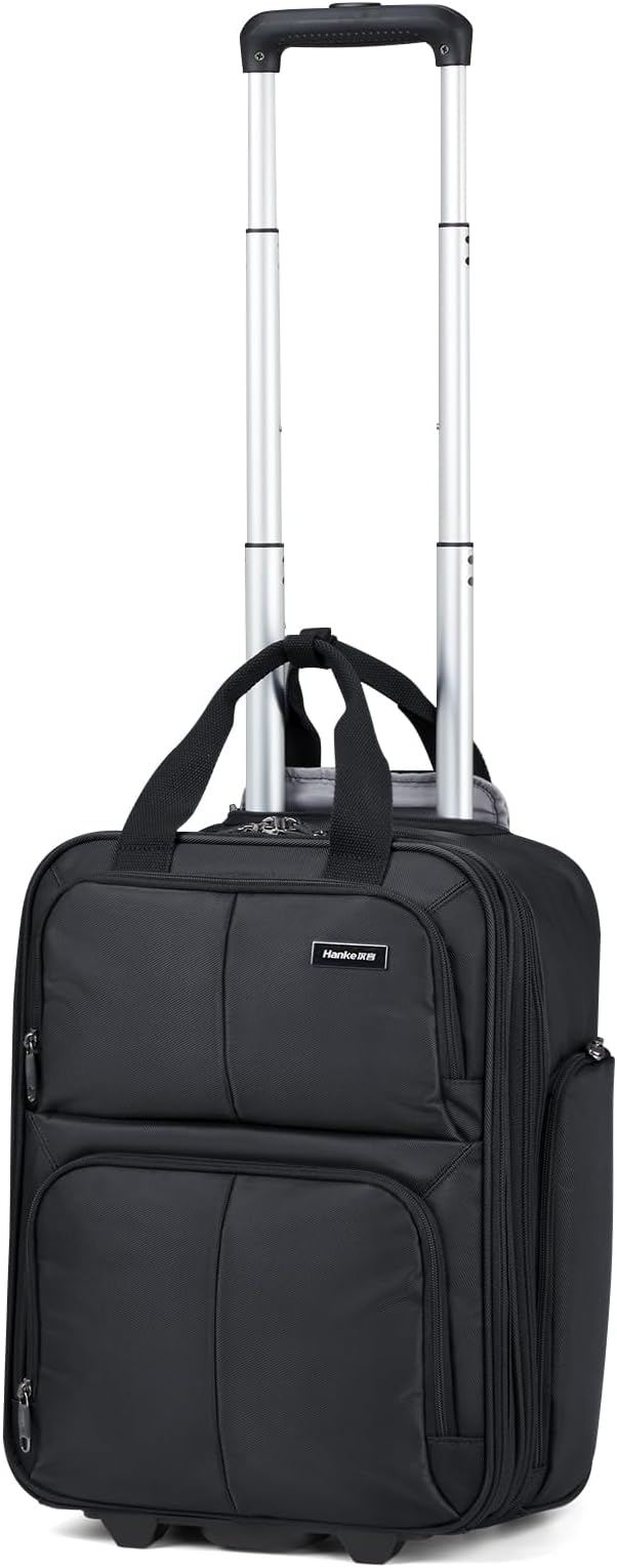 Hanke Softside Expandable Underseat Carry On Luggage for Airplanes,Travel Luggage Rolling Bag Personal Item Bag Small Suitcase,Black,16-Inch