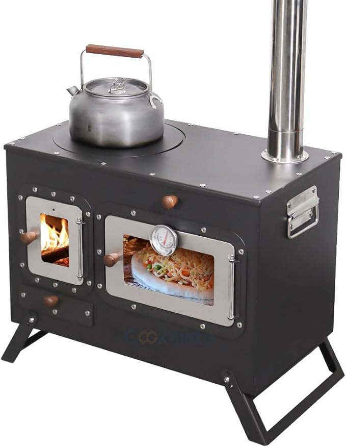 Large Outdoor Camping Stove with Oven Portable Tent Stove With Chimney Pipe Black Camping Stove Keep Warm Stove Foldable Camping Outdoor Cooking BBQ Stove