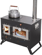 Large Outdoor Camping Stove with Oven Portable Tent Stove With Chimney Pipe Black Camping Stove Keep Warm Stove Foldable Camping Outdoor Cooking BBQ Stove