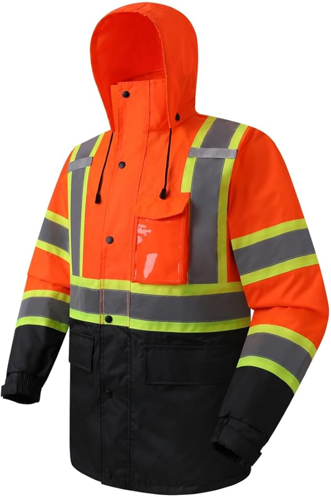 JKSafety Hi-Vis Reflective Safety Rain Jacket for Men Women Waterproof Rain Gears for Farming Fishing Work HV Rain Jacket with Inner Mesh Lining and Pockets (117A-OBlk 3XL)