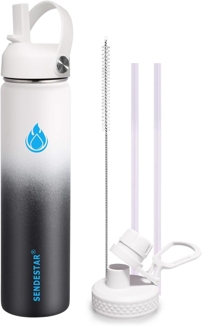 SENDESTAR Stainless Steel Wide Mouth Water Bottle 24oz Double Wall Vacuum Insulated Leak Proof Bottle with New Flex Straw Lid & Spout Lid