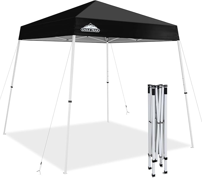 EAGLE PEAK 8x8 Slant Leg Pop-up Canopy Tent Easy One Person Setup Instant Outdoor Beach Canopy Folding Portable Sports Shelter 8x8 Base 6x6 Top (Black)
