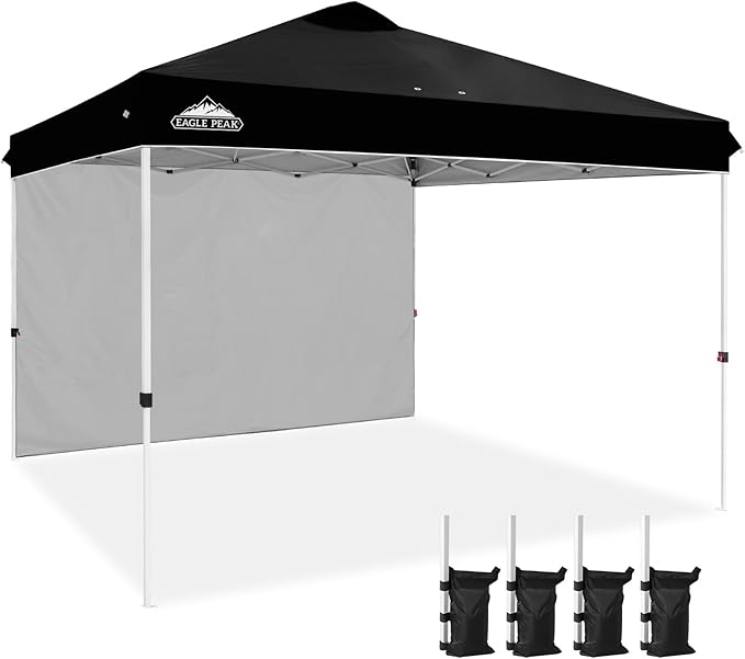 EAGLE PEAK Pop Up Canopy Tent with 1 Sidewall, Easy Setup Event Tent, Outdoor Sun Shade, Wheeled Carry Bag, Stakes and Guy Ropes, Instant Canopy 12x12, Black