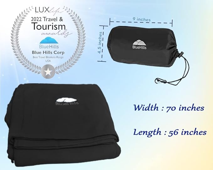 BlueHills Premium Soft Ultra Compact Travel Blanket Value Pack Set of 2 - Airplane Traveling Essentials Flight Blanket in a Portable Car Plane Travel Gift - Black and Royal Blue