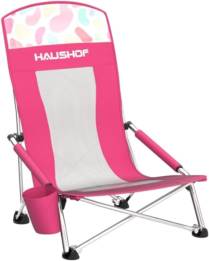 HAUSHOF High Back Beach Chair, Mesh Back Folding Chair, Lightweight Low Seat Camping Chairs with Cup Holder, Carry Bag, Padded Armrest for Outdoor Beach Lawn Camping Picnic Festival