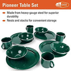 GSI Outdoors Pioneer Enamel 12 Pieces (4-Person) Dish Set I Enamelware Dishes Including Plates, Bowls and Mugs for Camping, Outdoors, RV, Camp, Green