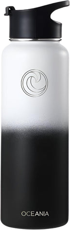 Oceania Flask 40oz Stainless Steel Water Bottles | Modern, Leakproof, Vacuum Insulated with 3 Lids, 3 Straws & 2 Straw Cleaning Brushes | Simple Lightweight Camping & Hiking Hydration Canteens