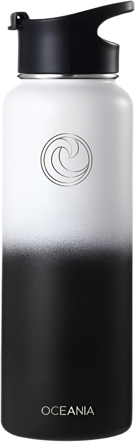 Oceania Flask 40oz Stainless Steel Water Bottles | Modern, Leakproof, Vacuum Insulated with 3 Lids, 3 Straws & 2 Straw Cleaning Brushes | Simple Lightweight Camping & Hiking Hydration Canteens