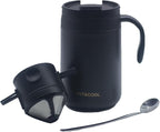 Portable 16oz Pour Over Coffee Maker with Foldable Filter & Stirrer – Insulated Stainless Steel Travel Cup with Lid – No Paper Filter Needed, BPA-Free, Black – For Home, Office, Camping, Backpacking
