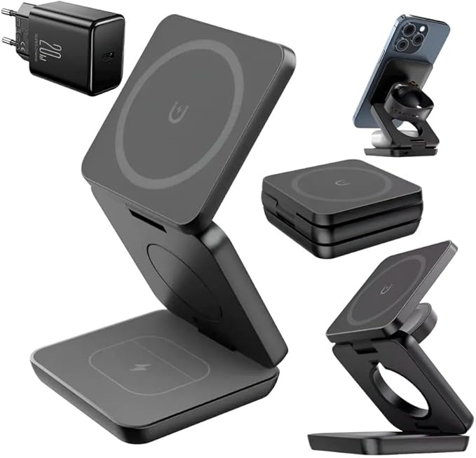 LUNOX 3-in-1 Wireless Charger for iPhone - Apple Watch & AirPods - Foldable Magnetic Fast Charging Dock - Black - White