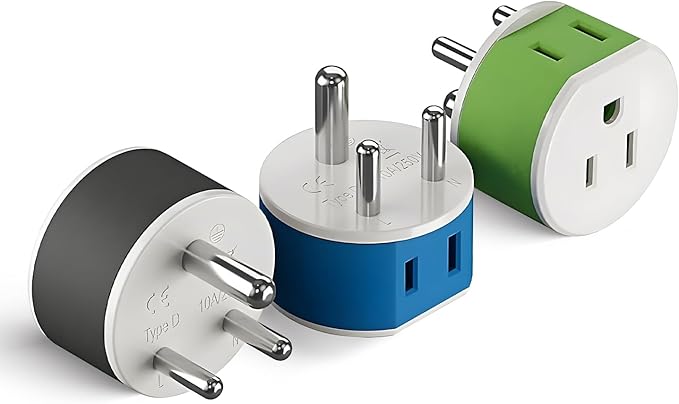OREI India, Nepal, Maldives Power Plug Adapter with 2 USA Inputs - Travel 3 Pack - Type D (US-10) Safe Grounded Use with Cell Phones, Laptop, Camera Chargers, CPAP, and More