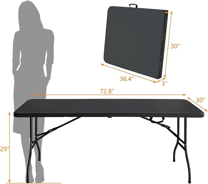 6 FT Folding Table with Carry Handle, Portable Fold-in-Half Plastic Table, Rectangle Foldable Table for Indoor/Outdoor Black