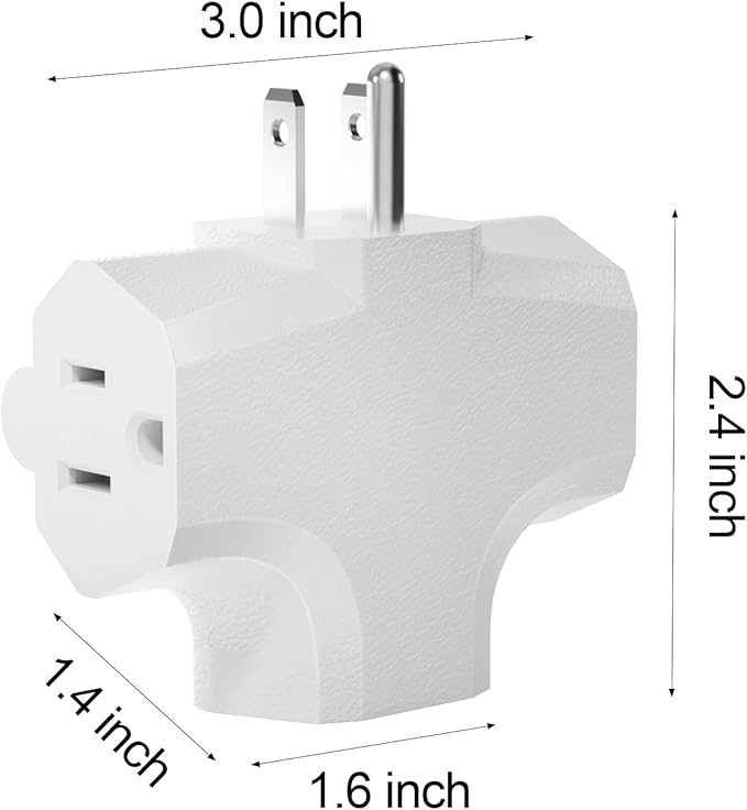 Three Plug Outlet Adapter, T-Shaped Adapter,Electric Outlet Extender, Sideways Plug Adapter, Heavy Duty Ground Power Tap, UL Listed, White (4PACK)