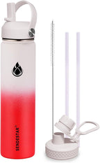 SENDESTAR Stainless Steel Wide Mouth Water Bottle 24oz Double Wall Vacuum Insulated Leak Proof Bottle with New Flex Straw Lid & Spout Lid