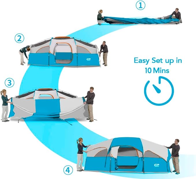CAMPROS CP Tent 8 Person Camping Tents, Weather Resistant Family Tent, 5 Large Mesh Windows, Double Layer, Divided Curtain for Separated Room, Portable with Carry Bag