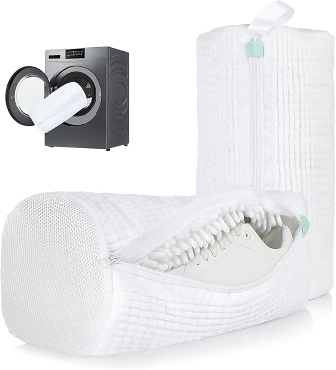 Shoe Washing Machine Bag for Sneakers – 2 Pack Laundry Shoe Bag Reusable Sneaker Wash Bag with Protective Zipper, Mesh Cleaning Bag for Tennis Shoes, Running Shoes - White