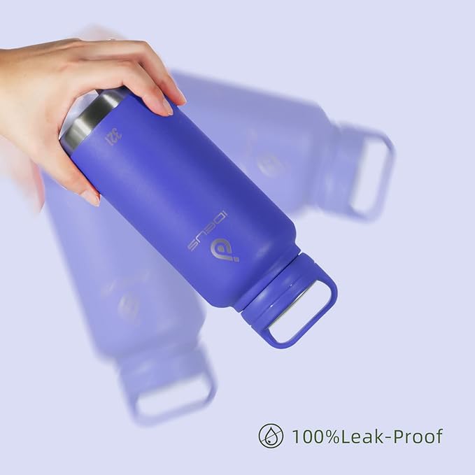 IDEUS Insulated Stainless Steel Water Bottle with 2 Leak-Proof Lids, Thermal Water Flask for Hiking Biking, 32oz, Purple