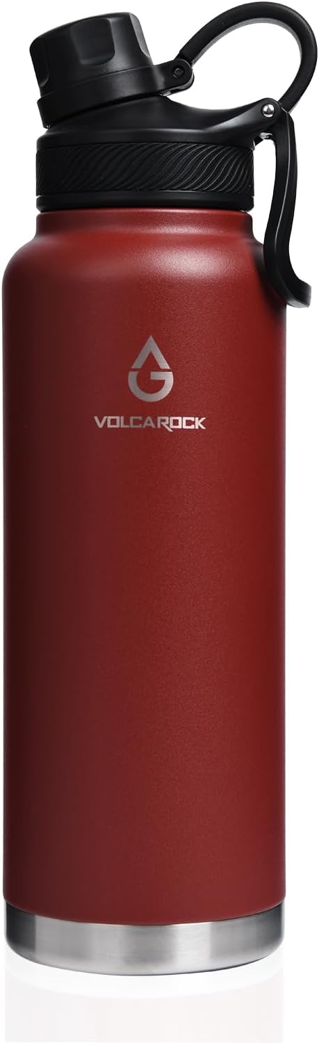 Insulated Sports Water Bottle with Straw Lid Dustproof, 3 Lids, 24/32/40/64 oz Dishwasher Safe & BPA Free Double Wall Stainless Steel Water bottle, Leakproof & Sweat Free -40 Oz Brick Red