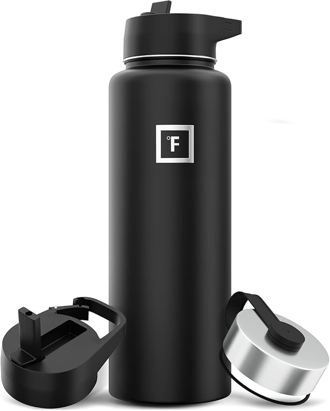 IRON °FLASK Camping & Hiking Hydration Flask with 3 Lids - Stainless Steel, Double Walled & Vacuum Insulated Water Bottle - Leak Proof & BPA Free (Midnight Black, Straw - 40 oz)
