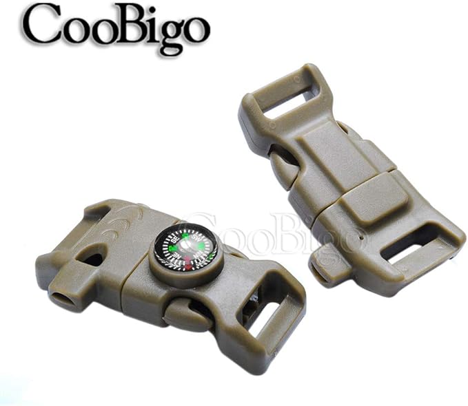 10Pack 5/8" Compass Whistle Buckle Plastic Paracord Bracelet Outdoor Camping Emergency Survival Travel Kits (Khaki)