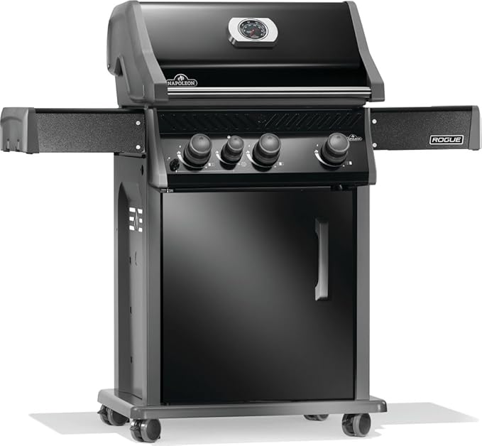 Napoleon Rogue 425 Propane Gas Grill with Range Side Burner, Black, 3 Stainless Steel Main Burners, Durable Grilling Power