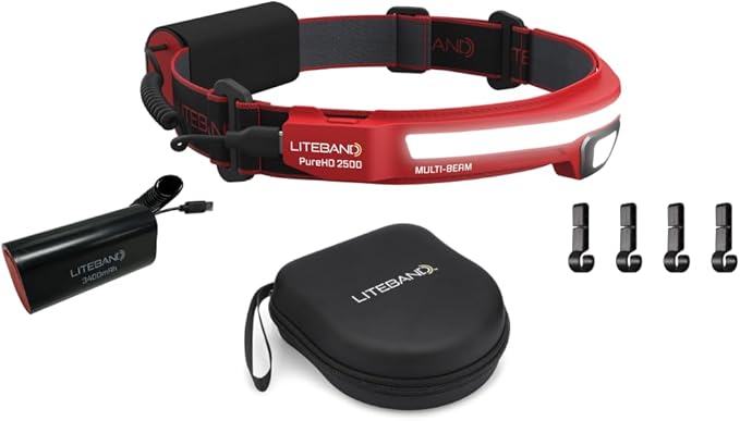 Liteband Bundle PRO PureHD 2500 Lumens LED Headlamp Rechargeable Battery Powered, Bright Head Lamp Flashlight, Hard Hat Light, Mechanic Lamps, Camping, Running, Best Rated for Forehead, Red