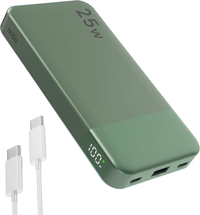 NOBIS Portable Charger, 10000mAh Power Bank Fast Charging, Battery Pack with C to C Cable, Battery Bank with Digital Display for iPhone iPad Android etc (Green, 25W)