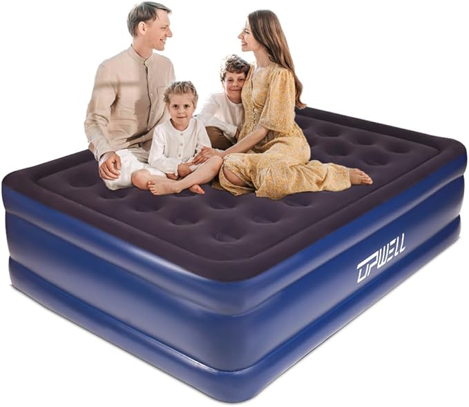 UPWELL Inflatable Air Mattress Queen with Built in Pump Comfort Blow up Bed Waterproof Fast&Easy Set up Dura Beam Strong Support Mattress for Home Guests & Camping Navy Blue