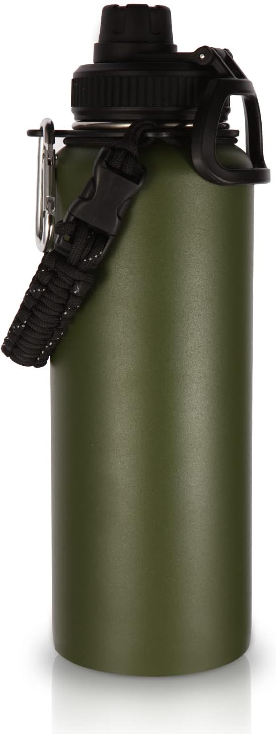 Volhoply 40 oz Insulated Water Bottles Paracord Handle, Stainless Steel Sports Bottle with Spout Lid, Reusable Double Walled Vacuum Metal Travel Cups with Wide Mouth for Adults (Army Green, 1 Set)