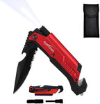 ALBATROSS 7-in-1 Folding Pocket Knife with Glass Breaker, Seatbelt Cutter, Serrated Blade, LED Flashlight, Fire Starter & Bottle Opener - Emergency & Outdoor Tool with Pouch (Red) FK01-RD