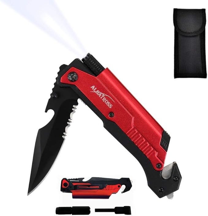 ALBATROSS 7-in-1 Folding Pocket Knife with Glass Breaker, Seatbelt Cutter, Serrated Blade, LED Flashlight, Fire Starter & Bottle Opener - Emergency & Outdoor Tool with Pouch (Red) FK01-RD