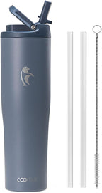 Coolflask Water Bottle 40 oz Fits Car Cup Holder, Slim Tumbler Stainless Steel with Straw & Handle, Vacuum Flask Leakproof Wide Mouth for Travel Sports Gym, Grey