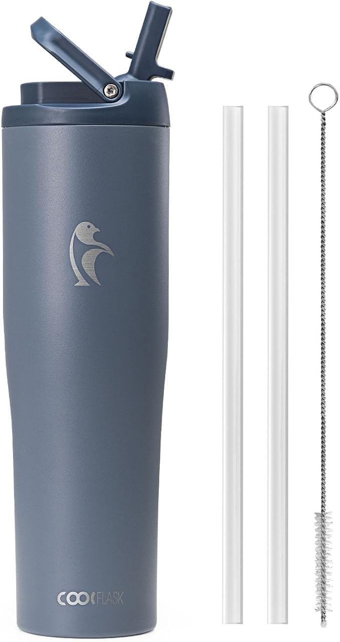 Coolflask Water Bottle 40 oz Fits Car Cup Holder, Slim Tumbler Stainless Steel with Straw & Handle, Vacuum Flask Leakproof Wide Mouth for Travel Sports Gym, Grey