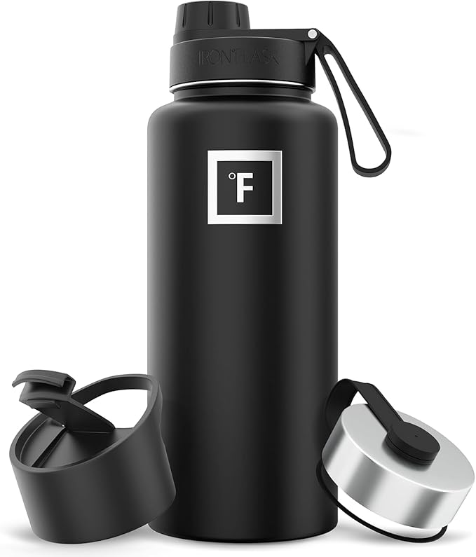 IRON °FLASK Camping & Hiking Hydration Flask with 3 Lids - Stainless Steel, Double Walled & Vacuum Insulated Water Bottle - Leak Proof & BPA Free (Midnight Black, Spout - 32 oz)