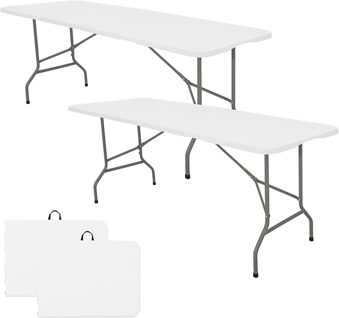 Set of 2 Folding Table 6 FT Lightweight Camping Table Portable Plastic Rectangular Outdoor Dining Table Steel Legs Fold-in-Half with Carrying Handle for Indoor,Picnic,Party,Wedding,Events(White)