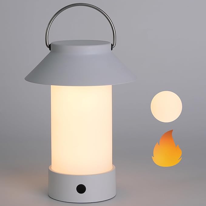 Rechargeable Outdoor Lantern Waterproof, Dimmable Warm White & Flickering Flame Mood Light, Portable Cordless Table Lamp for Patio/Camping/Shower/Emergency Power Outage (White)