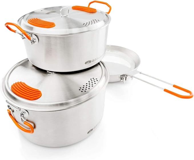 GSI Outdoors Glacier Stainless Steel Base Camper - Large - 3 Pieces Cookset - Compact, & Durable Pot Pan for Camping