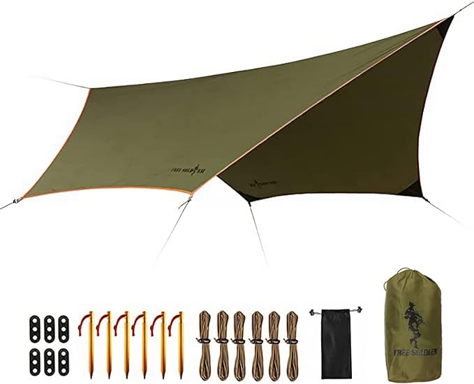 FREE SOLDIER Camping Tarp Waterproof Portable Multifunctional Outdoor Camping Traveling Awning Backpacking Shelter Rain Tarp (Greenish Brown 6 Loop 10×12ft)