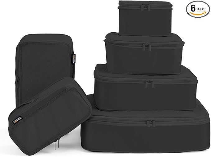 6 Set Compression Packing Cubes, Suitcase Storage Bags for Clothes and Travel Essentials (Pure Black)