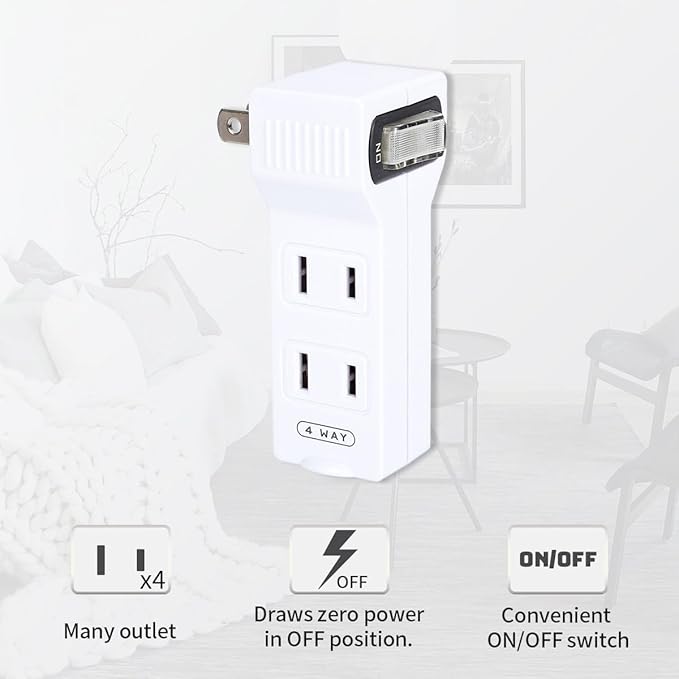 SYCON 4 Outlet Wall Adapter with A Power Switch and Night Light, 2-Prong Extender Adapter Plug with 4 Electrical Outlets for Travel Home Hotel Office-White, 2 Pack