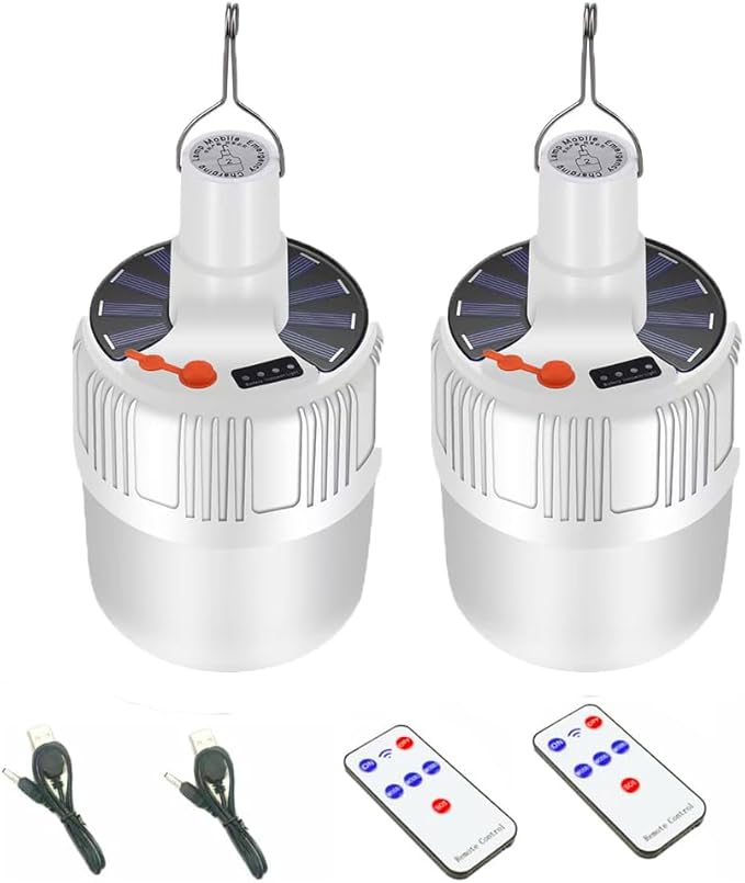 Solar Lamp Camping LED Tent Lights Remote Control 4000mah 5 Mode USB Rechargeable Portable Waterproof Lantern Blub Hanging Hook for Indoor Home Outdoor Emergency Courtyard Power Outage 2 Pack