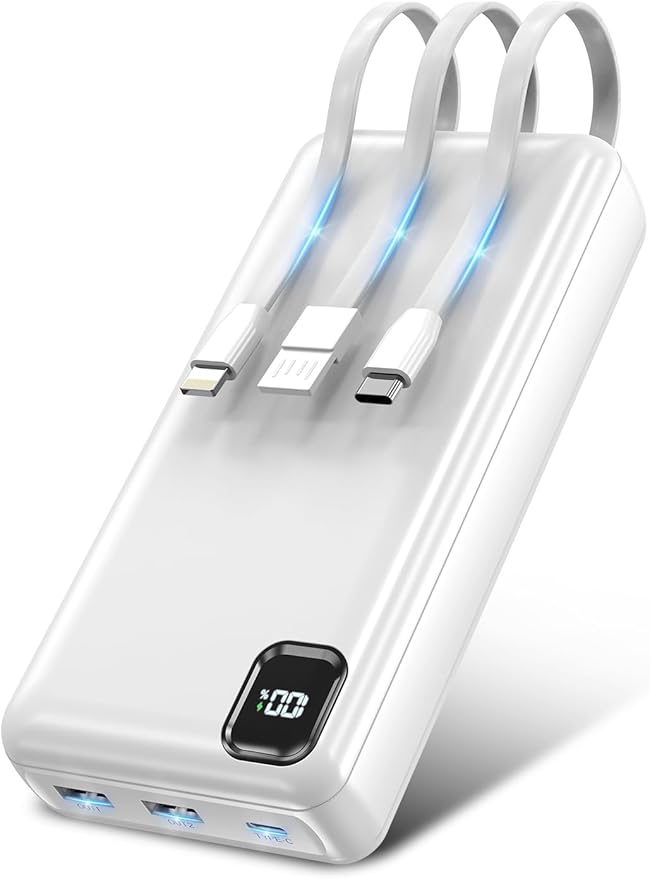 Portable Charger Power Bank 50000mAh Built-in Cables, PD 20W Fast Charging Large Capacity Battery Pack, 5 Output 2 Input LED Display Powerbank Compatible with Phone (White)