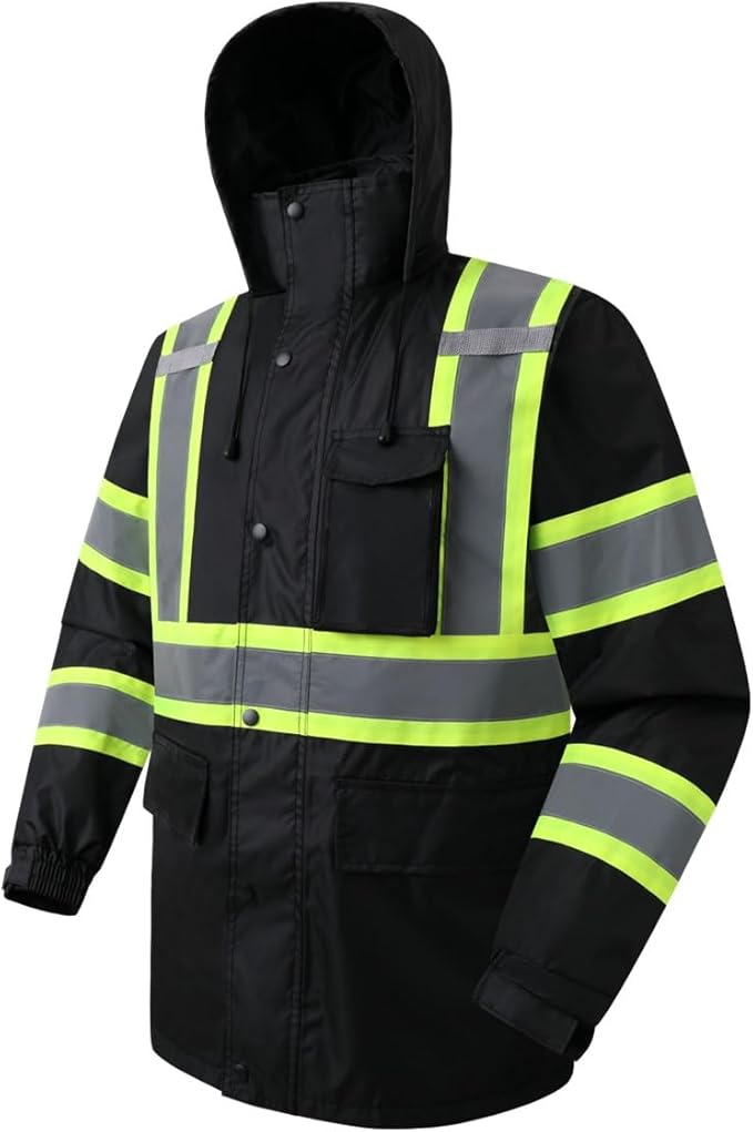 JKSafety Hi-Vis Reflective Safety Rain Jacket for Men Women Waterproof Rain Gears for Farming Fishing Work HV Rain Jacket with Inner Mesh Lining and Pockets (117A-Black XXL)
