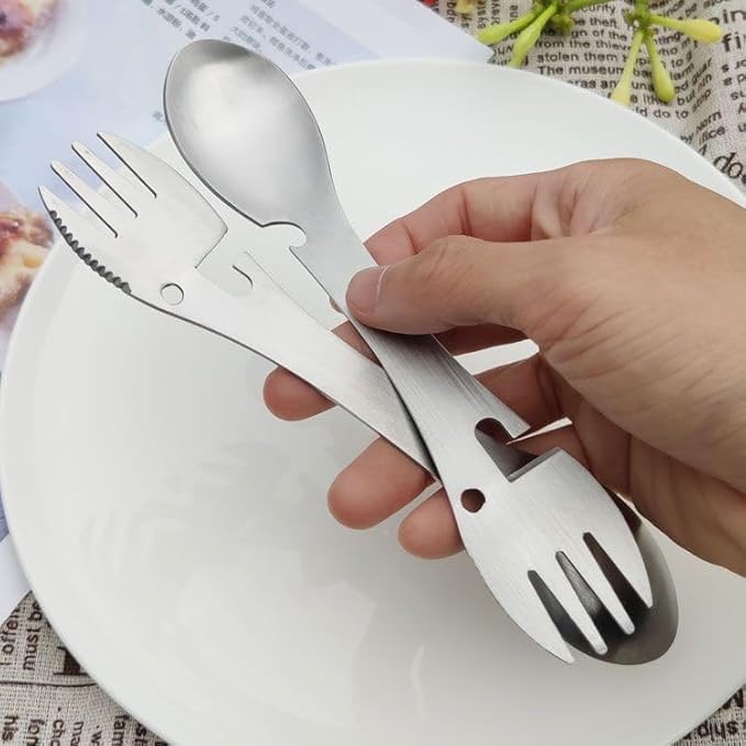 5 in 1 Stainless Steel Outdoor Cutlery - Spoon Fork Knife Bottle Can Opener for Camping Hiking Travel Multi-Purpose Cutlery (2 Pack)