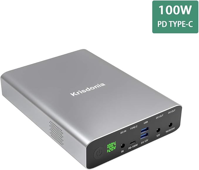 Krisdonia Portable Laptop Charger 64000mAh 100W PD Power Bank - 1x USB-C (Input 60W Output 100W)- 2X DC (Up to 24V)- 2X QC3.0 USB-A (18W) Compatible with USB-C Laptop, MacBook Pro, Dell XPS and More