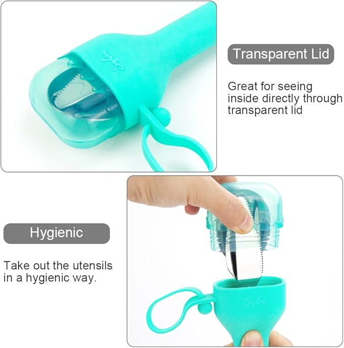 Sophico Travel Utensils Set for Camping and Kids Lunch Box, Stainless Steel Fork and Spoon, Knife Silverware Flatware Sets with Silicone Case - Portable & Leak-proof, Dishwasher Safe (Mint, 1 Set)