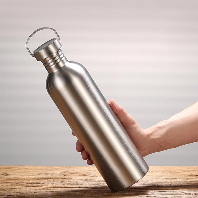 Stainless Steel Single Wall Water Bottle Large Camping Water Bottle with Handle Wide Mouth Leak Proof Lightweight Sports Kettle Cup (12 oz)