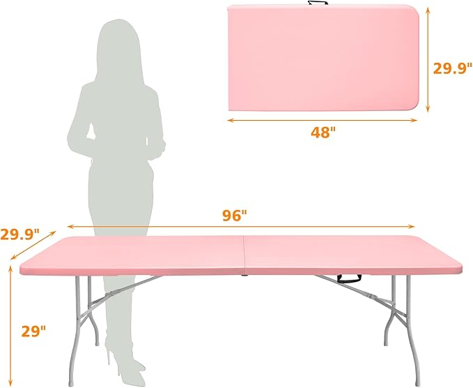 8 FT Folding Table with Carry Handle, Portable Fold-in-Half Plastic Table, Rectangle Foldable Table for Indoor/Outdoor Pink